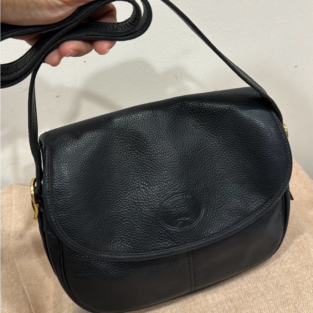 LONGCHAMP Paris Black Leather Shoulder Bag (Vintage)
